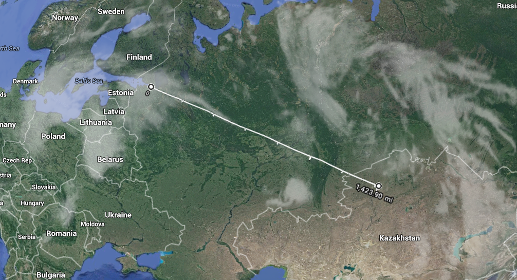 St Petersburg to Astana 2291 km. Distance yet to go.